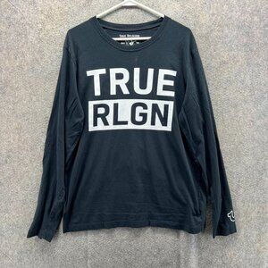 True Religion Shirt Mens XL Black Tee Crewneck Spell Out Print Extra Large Y2K